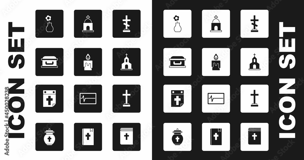 Set Grave with cross, Burning candle, Coffin, Flower vase, Church building, Old crypt, and Calendar death icon. Vector Set Grave with cross, Burning candle, Coffin, Flower vase, Church building, Old crypt, and Calendar death icon. Vector