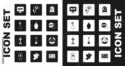 Set Muslim cemetery, Funeral urn, Flower in vase, Speech bubble rip death, Tear cry eye, Memorial wreath and Grave with cross icon. Vector