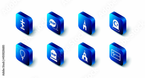 Set Speech bubble rip death, Church building, Muslim cemetery, Beat dead monitor, Tombstone with RIP written, Christian cross chain and Grave icon. Vector