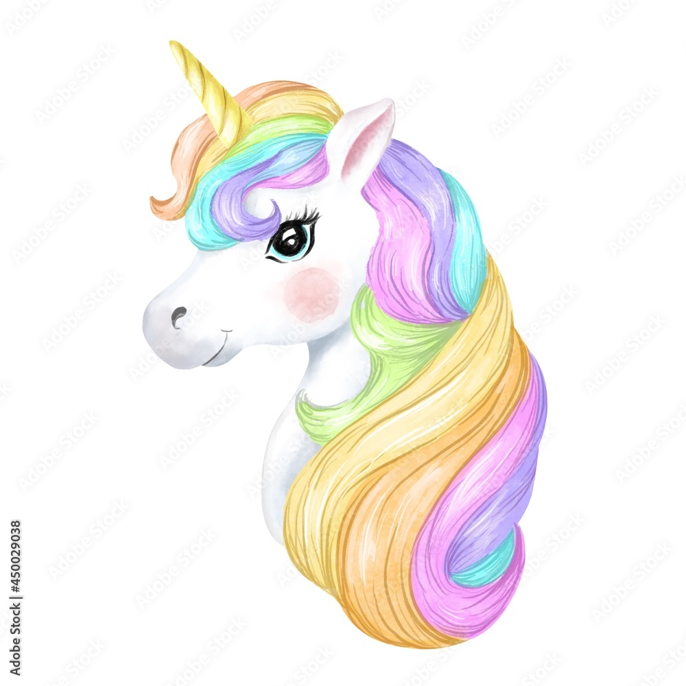 Cute unicorn on white background. Children illustration. Stock