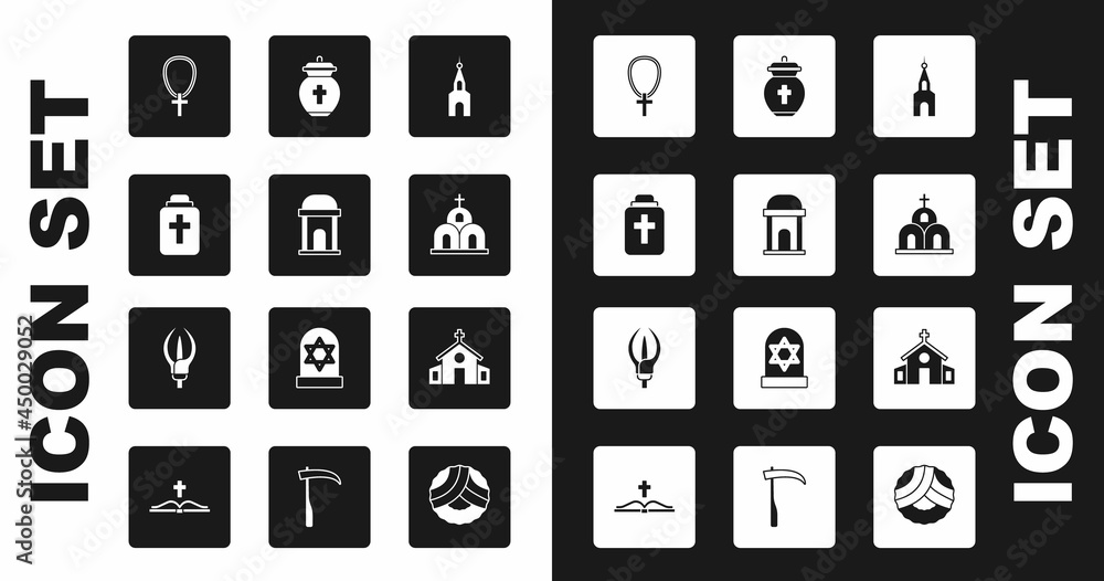Set Church building, Old crypt, Funeral urn, Christian cross on chain, and Lily flower icon. Vector Set Church building, Old crypt, Funeral urn, Christian cross on chain, and Lily flower icon. Vector