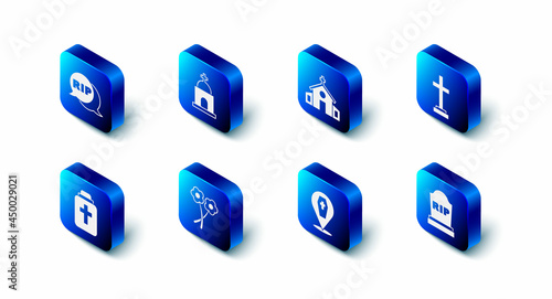Set Old crypt, Church building, Grave with cross, Tombstone RIP written, Coffin, Flower, Funeral urn and Speech bubble rip death icon. Vector