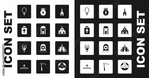 Set Church building, Old crypt, Funeral urn, Christian cross on chain, and Lily flower icon. Vector