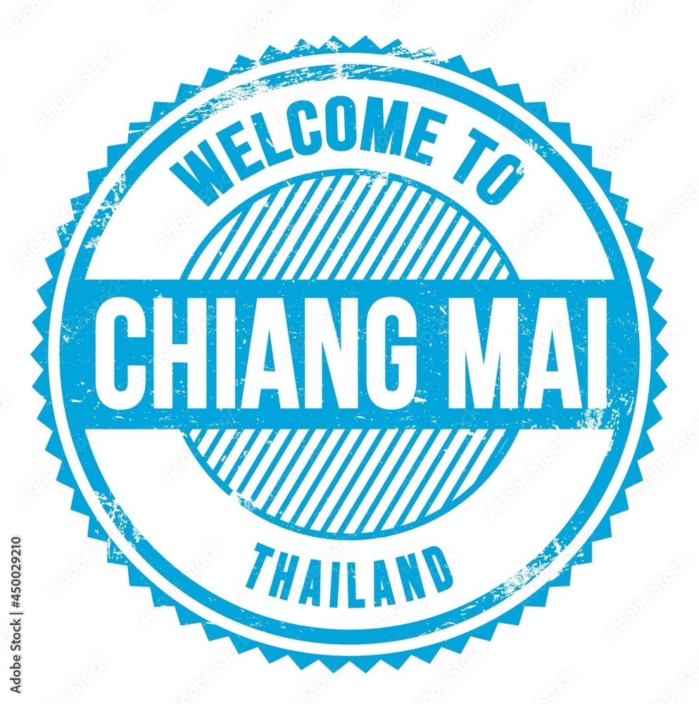 WELCOME TO CHIANG MAI - THAILAND, words written on light blue stamp