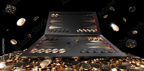 Print op canvas Modern Black Red And Golden Backgammon Board, Dices And Coins Isolated On The Bl