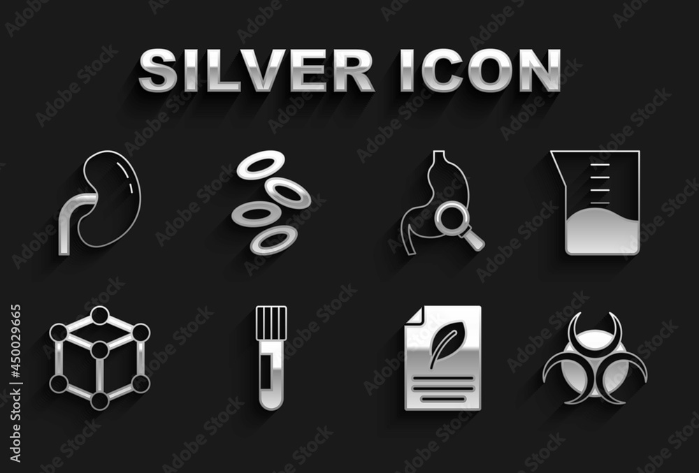 Set Test tube and flask, Laboratory glassware or beaker, Biohazard symbol, Eco paper with leaf, Molecule, Stomach magnifying, Human kidney and Hemoglobin icon. Vector Set Test tube and flask, Laboratory glassware or beaker, Biohazard symbol, Eco paper with leaf, Molecule, Stomach magnifying, Human kidney and Hemoglobin icon. Vector