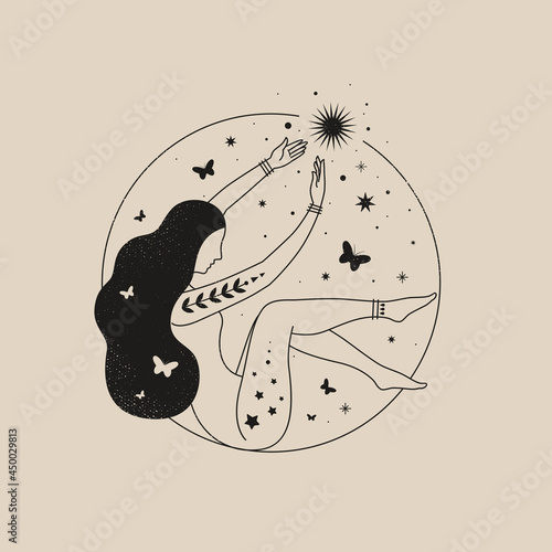 Mystical composition with a girl, a luminous star, and butterflies on a light background. Vector illustration in a trendy linear minimalist style. Modern laconic art for printing posters, postcards.