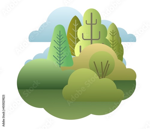 Forest landscape. Flat style symbolic illustration. Summer forest with trees and bushes. Rural wildlife. suburban scenery with trees. Isolated Beautiful art picture. Vector