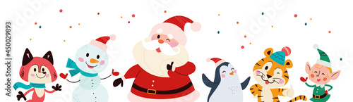 Christmas banner with cute happy winter characters. Santa Claus, elf, snowman, penguin, fox, tiger isolated. Vector flat cartoon illustration. For cards, packaging, web, invitation.