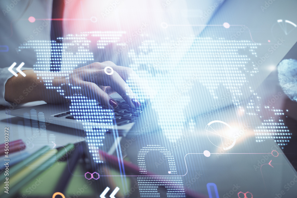 Double exposure of woman hands working on computer and world map hologram drawing. International technology business concept. Double exposure of woman hands working on computer and world map hologram drawing. International technology business concept.