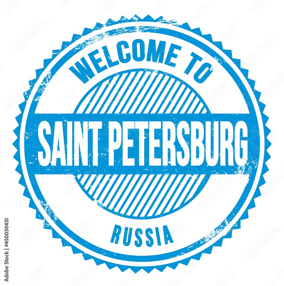 WELCOME TO SAINT PETERSBURG - RUSSIA, words written on light blue stamp