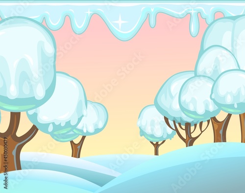Landscape with ice cream on chocolate sticks. Childrens picture background. Cartoon style. Snow drifts. Cold winter dream land. Refreshing sweets and drips. Vector