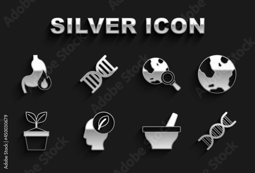 Set Human head with leaf inside, Earth globe, DNA symbol, Mortar and pestle, Plant pot, Magnifying glass, Stomach heartburn and icon. Vector