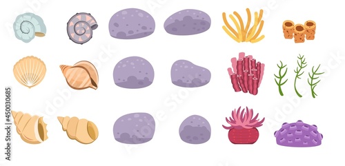 Set of seashells, stones, corals, algae. Shell. Underwater world. Aquarium or pond. Summer water. Isolated on white background. Illustration in cartoon style. Flat design. Vector art