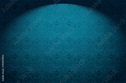 Vintage, Gothic horizontal background in the Baroque, rococo style. Luxurious, royal wallpaper in dark blue color with stage lighting. Vector illustration