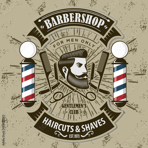 Barbershop logo, poster or banner design concept with barber pole and bearded men