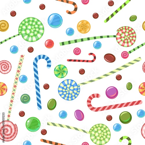 Sweets and scattered. Seamless pattern. Assorted lollipop dessert interspersed. Candy caramel with stick. Flat Background illustration. Isolated Vector