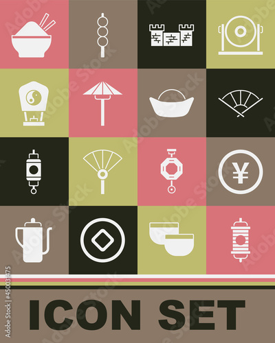 Set Chinese paper lantern, Yuan currency, or japanese folding fan, Great wall of China, Japanese umbrella from the sun, Rice bowl with chopstick and Sushi icon. Vector