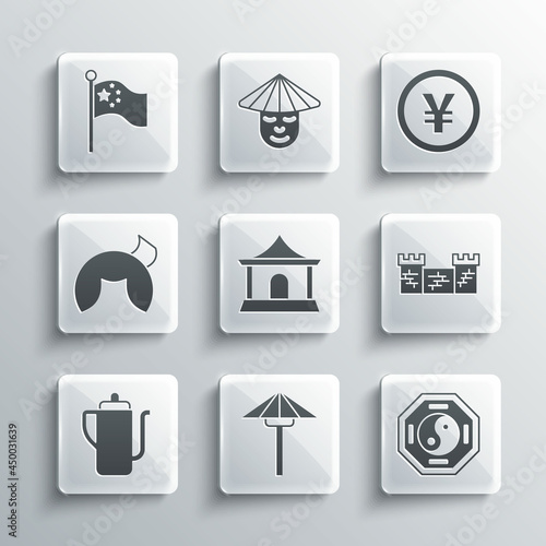 Set Japanese umbrella from the sun, Yin Yang, Great wall of China, Chinese house, tea ceremony, fortune cookie, flag flagpole and Yuan currency icon. Vector