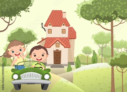 Kids goes on adventure in little car. Kid drives pedal or toy electric car. Cartoon illustration for children. Summer hills landscape. Road and house. Vector