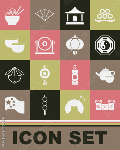 Set Great wall of China, Chinese tea ceremony, Yin Yang, house, Gong, Asian noodles bowl and paper lantern icon. Vector