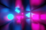 Abstarct, colorful and glowing neon geometric shapes on dark background.3d Illustration