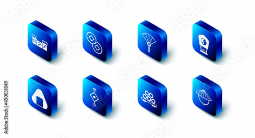 Set Chinese Yuan currency, or japanese folding fan, paper lantern, conical straw hat, Sushi cutting board, and Great wall of China icon. Vector