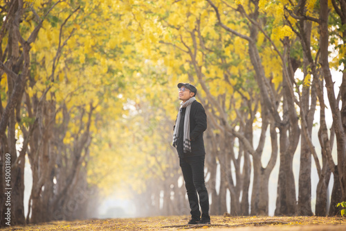 Asian man wearing sweater while walking in the park under the yellow leaves ginkgo tree in autumn season