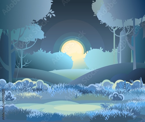 Night beautiful rural landscape. Cartoon style. Hills grass and dark trees. Moon and moonlight. Lush meadows. Distant. Flat design illustration. Vector art
