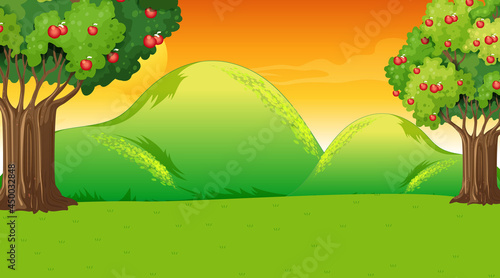 Blank meadow landscape scene at sunset time