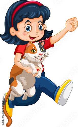 A girl holding cute cat cartoon character isolated on white background