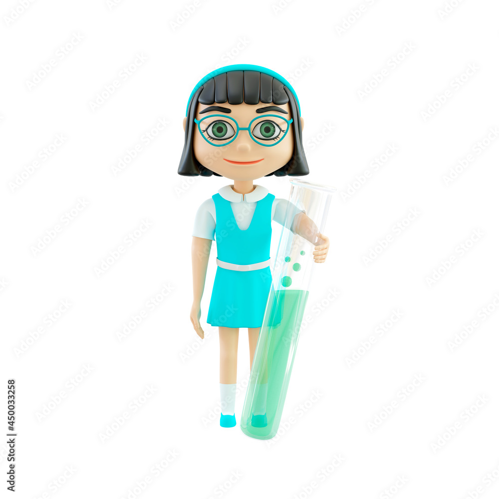 Cute cartoon schoolgirl with glasses holds laboratory test tubes. Concept of education and back to school. Chemistry lesson. 3d rendering illustration