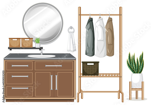 Sink counter with clothes hanger on white background