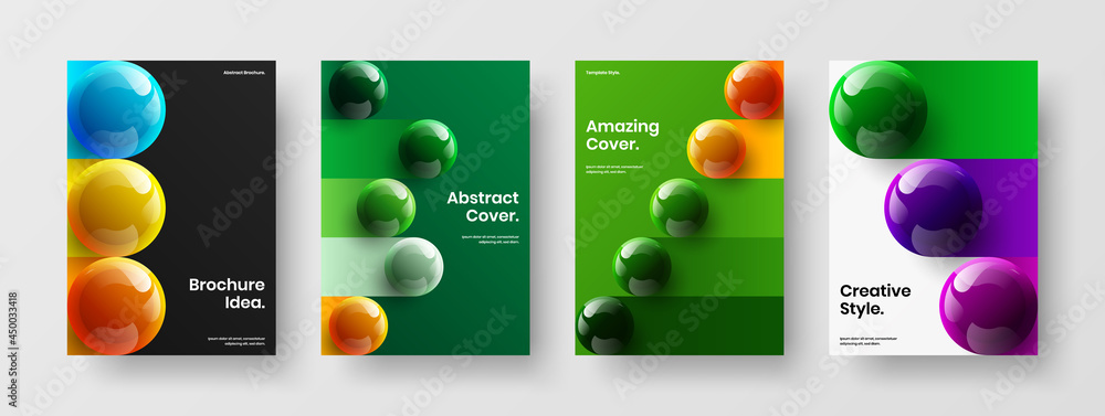 Clean book cover A4 design vector layout set. Isolated 3D balls corporate brochure illustration collection.