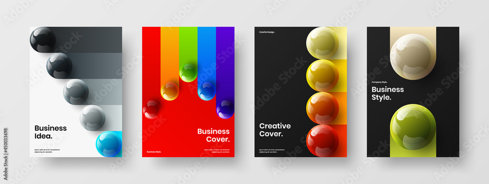 Premium corporate identity vector design layout collection. Original realistic spheres magazine cover illustration composition.