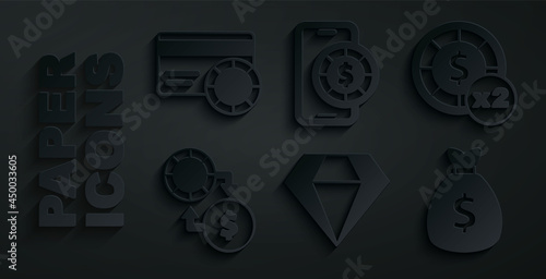 Set Diamond, Casino chips, exchange money, Money bag, Online poker table game and Credit card icon. Vector