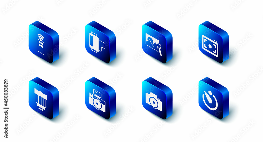 Set Camera roll cartridge, Photo retouching, camera, timer, with flash, photo lens and Remote control for icon. Vector Set Camera roll cartridge, Photo retouching, camera, timer, with flash, photo lens and Remote control for icon. Vector