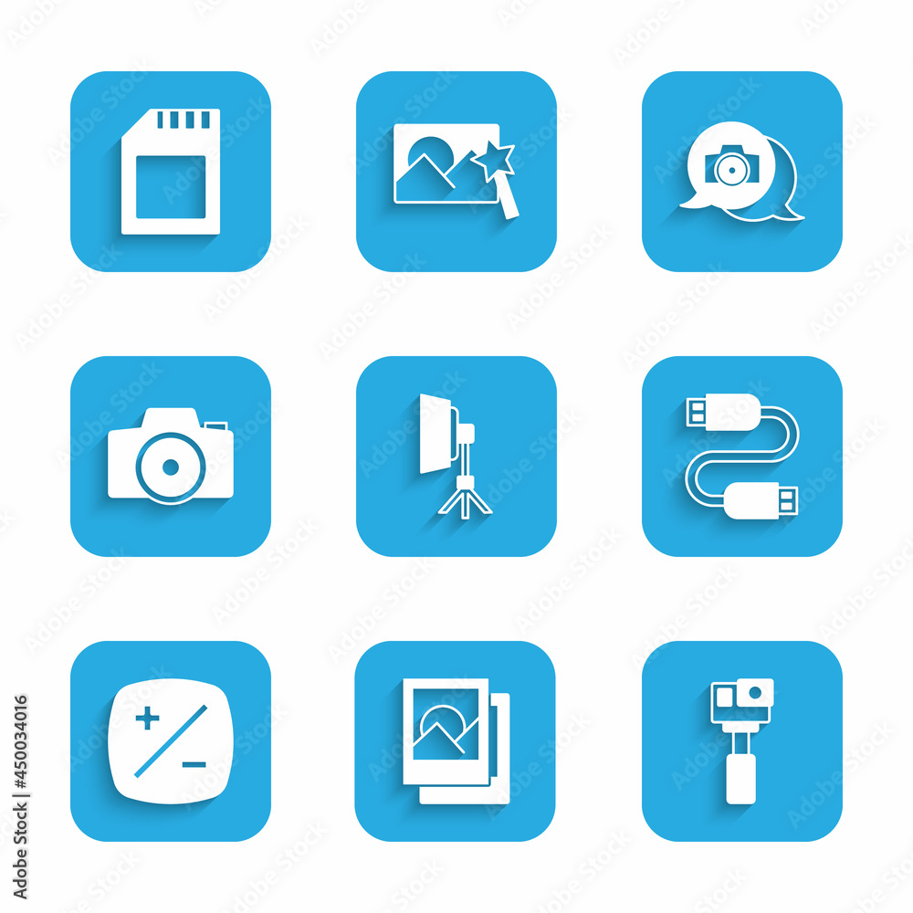 Set Softbox light, Photo frame, Action camera, USB cable cord, Exposure compensation, and SD card icon. Vector Set Softbox light, Photo frame, Action camera, USB cable cord, Exposure compensation, and SD card icon. Vector