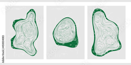 A set of three minimalistic illustrations with thin lines, strokes. Vintage abstract poster with a piece of log. Natural green background with wood texture. Protecting the forest from deforestation.