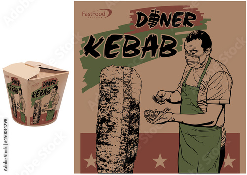 Graphic Design of the Cover for Doner Kebab - Colored Illustration with 3D model of Printed Paper Box Isolated on White Background, Vector