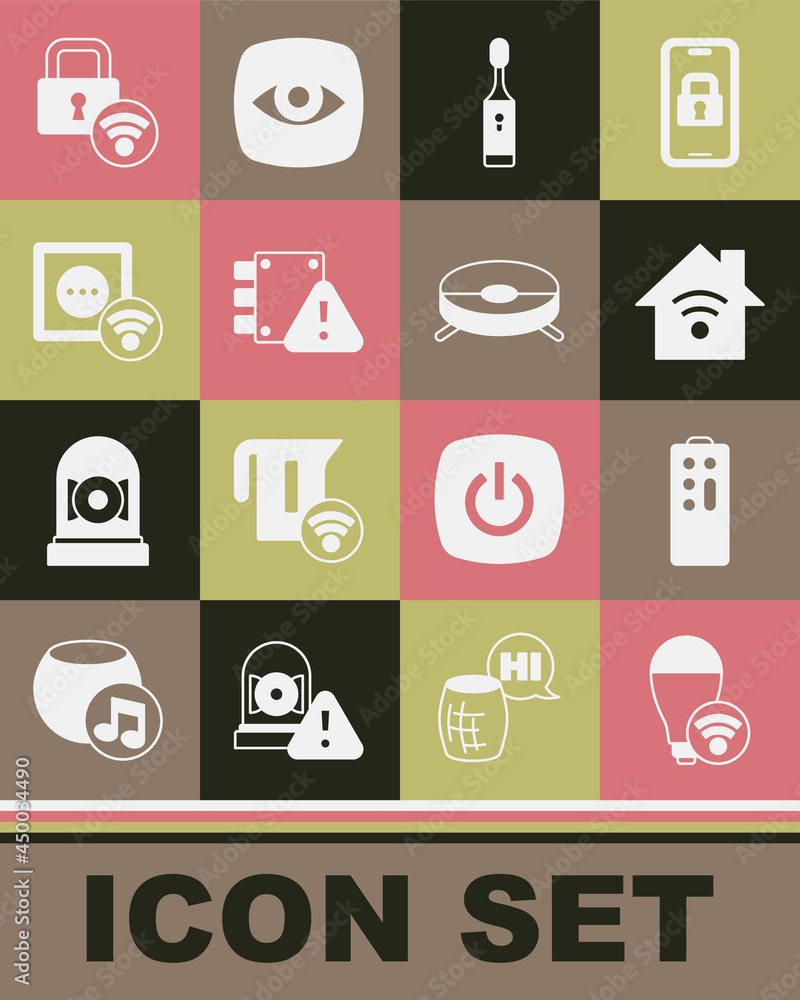 Set Smart light bulb, Remote control, home with wi-fi, Electric toothbrush, House under protection, electrical outlet, Digital door lock and Robot vacuum cleaner icon. Vector Set Smart light bulb, Remote control, home with wi-fi, Electric toothbrush, House under protection, electrical outlet, Digital door lock and Robot vacuum cleaner icon. Vector