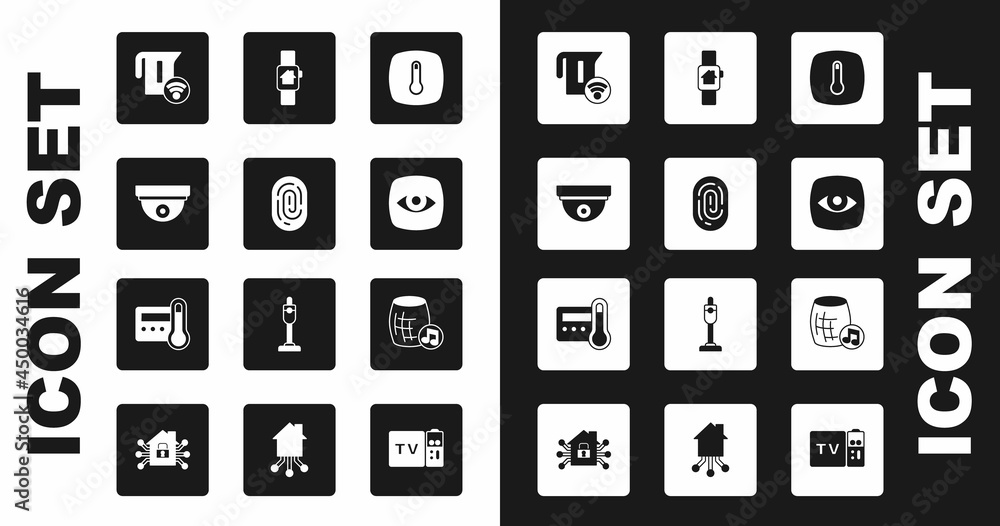 Set Thermostat, Fingerprint, Motion sensor, Smart electric kettle, Security camera, home with smart watch, Voice assistant and icon. Vector Set Thermostat, Fingerprint, Motion sensor, Smart electric kettle, Security camera, home with smart watch, Voice assistant and icon. Vector