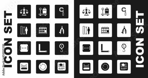 Set Micrometer, Calendar, Measuring height body, Scales of justice, Drawing compass, with suitcase, Hand scale spring mechanical and Area measurement icon. Vector