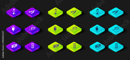 Set Smart watch, Construction bubble level, Syringe, Hand scale spring mechanical, Drawing compass and Measuring spoon icon. Vector