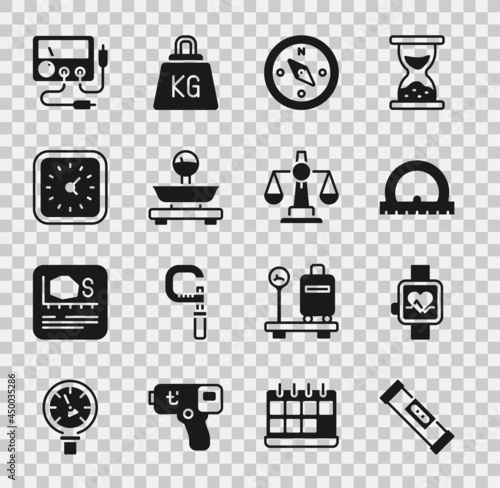 Set Construction bubble level, Smart watch, Protractor, Compass, Scales, Clock, Multimeter, voltmeter and of justice icon. Vector