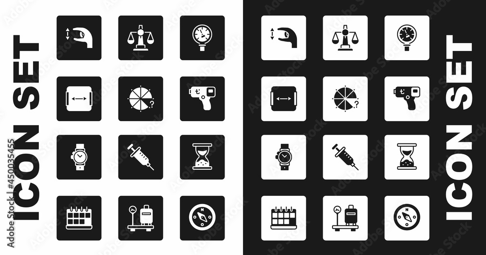 Set Pressure water meter, Circle of pieces, Area measurement, Approximate measurements, Digital thermometer, Scales justice, Old hourglass with sand and Wrist watch icon. Vector Set Pressure water meter, Circle of pieces, Area measurement, Approximate measurements, Digital thermometer, Scales justice, Old hourglass with sand and Wrist watch icon. Vector