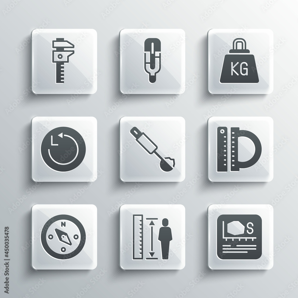 Set Measuring height body, Area measurement, Protractor and ruler, spoon, Compass, Radius, Calliper caliper scale and Weight icon. Vector Set Measuring height body, Area measurement, Protractor and ruler, spoon, Compass, Radius, Calliper caliper scale and Weight icon. Vector