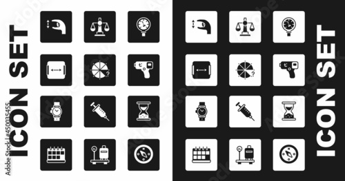 Set Pressure water meter, Circle of pieces, Area measurement, Approximate measurements, Digital thermometer, Scales justice, Old hourglass with sand and Wrist watch icon. Vector