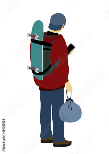 スケートボードをバックパックの上に背負ってヘルメットの入った袋を持ち、スマートフォンを見ている男性の後ろ姿のイラスト