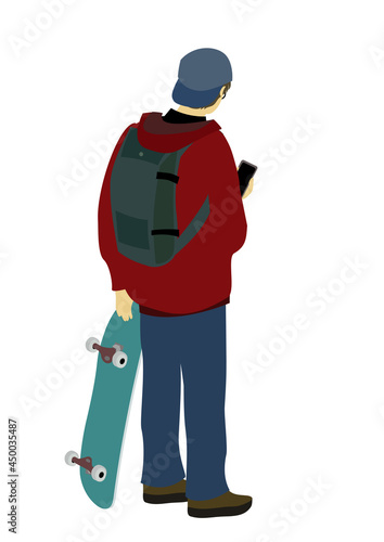 スケートボードを持ってスマートフォンを見ている男性の後ろ姿のイラスト